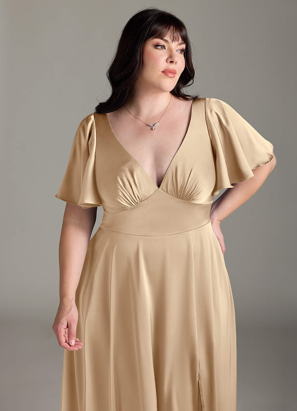 Azazie Kimber Bridesmaid Dresses Champagne A-Line Ruched Stretch Satin Dress image10