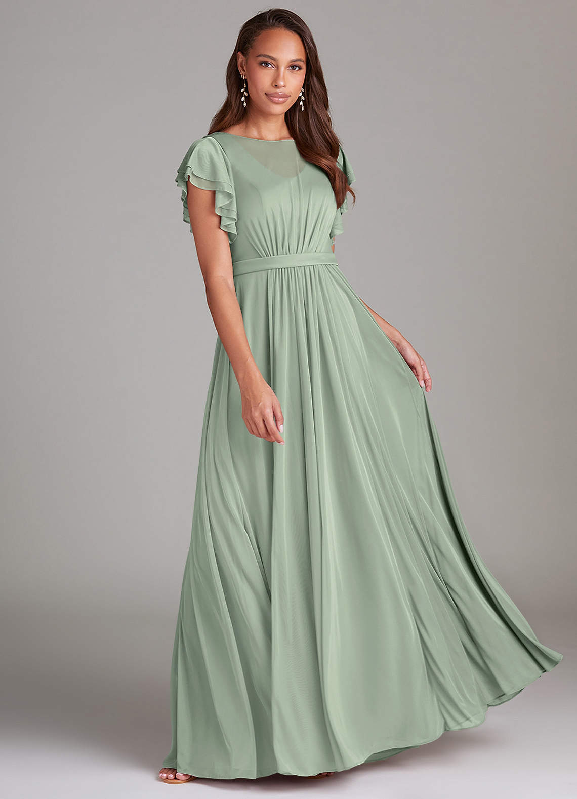 Azazie Daphne Modest Bridesmaid Dresses A-Line Ruched Mesh Floor-Length Dress image1