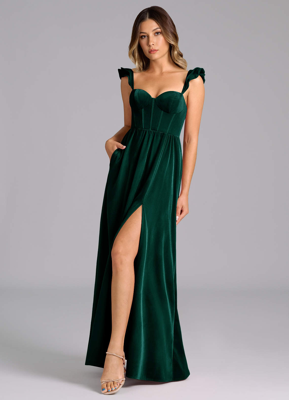 Azazie Denisse Bridesmaid Dresses Emerald A-Line Ruched Velvet Dress image1