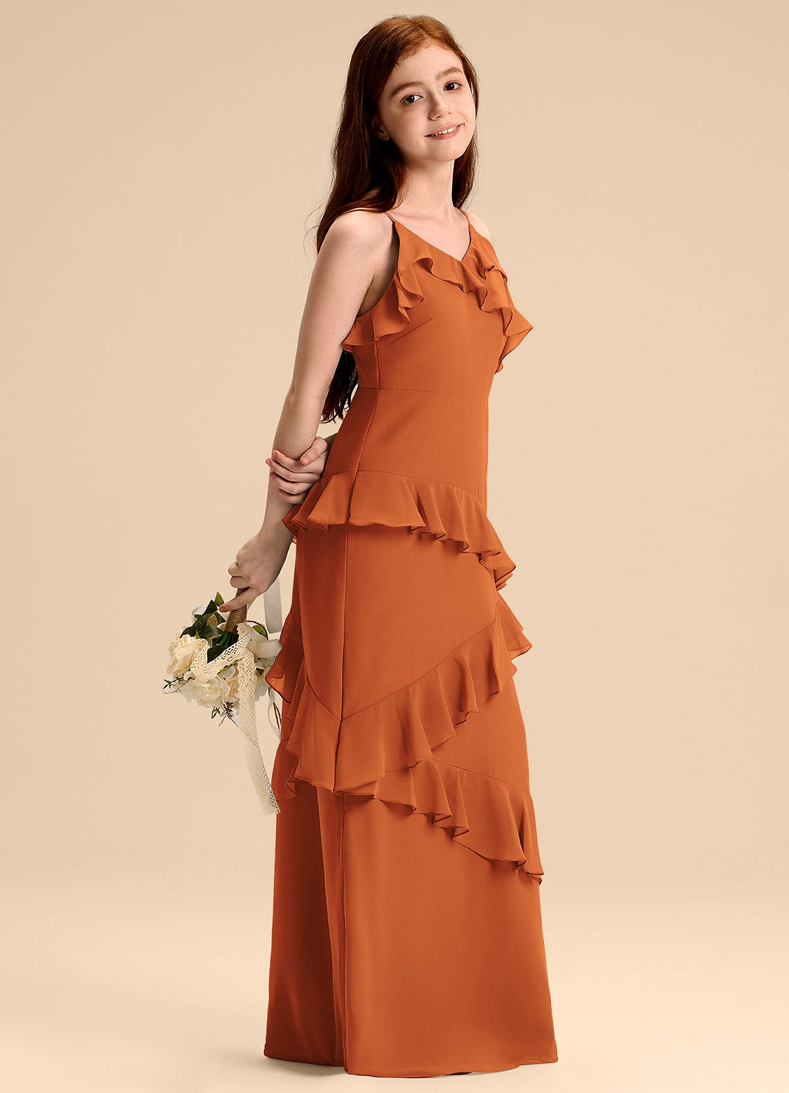 Azazie Evara Junior Cinnamon A-Line Chiffon Dress image1