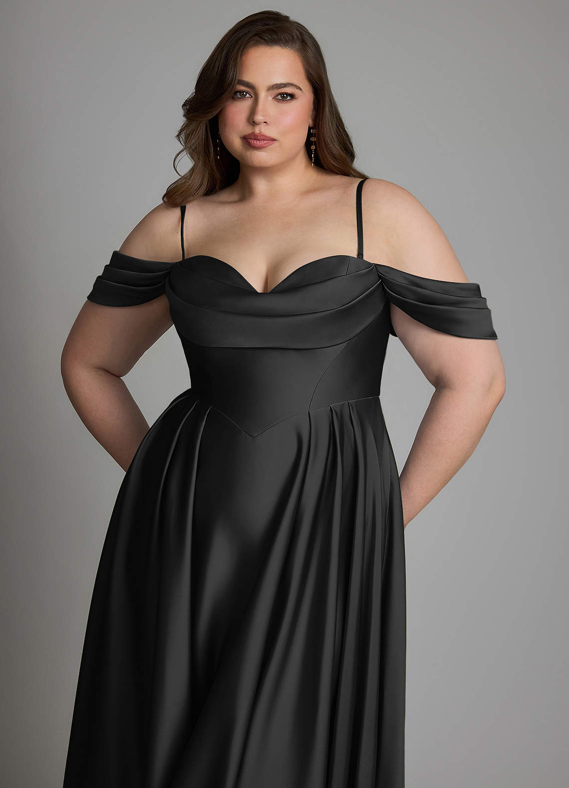 Azazie Loisa Bridesmaid Dresses Black A-Line Off the Shoulder Stretch Satin Dress image13