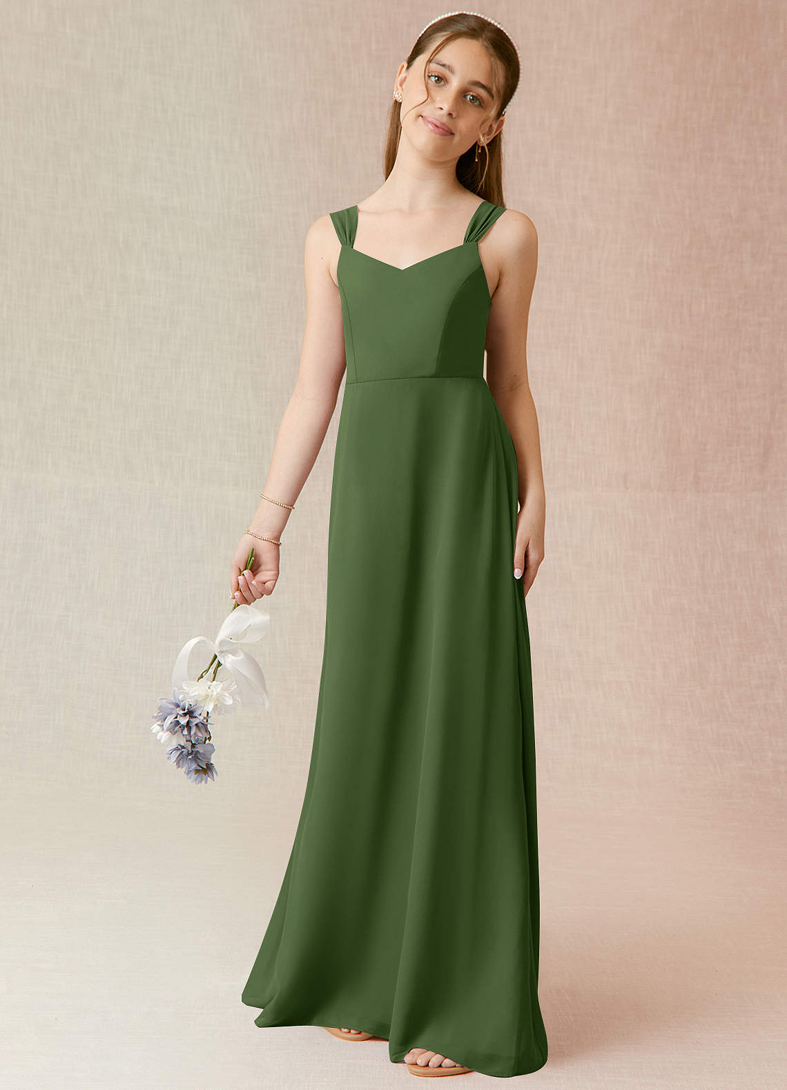 Azazie Denice Junior Olive A-Line Chiffon Dress image1