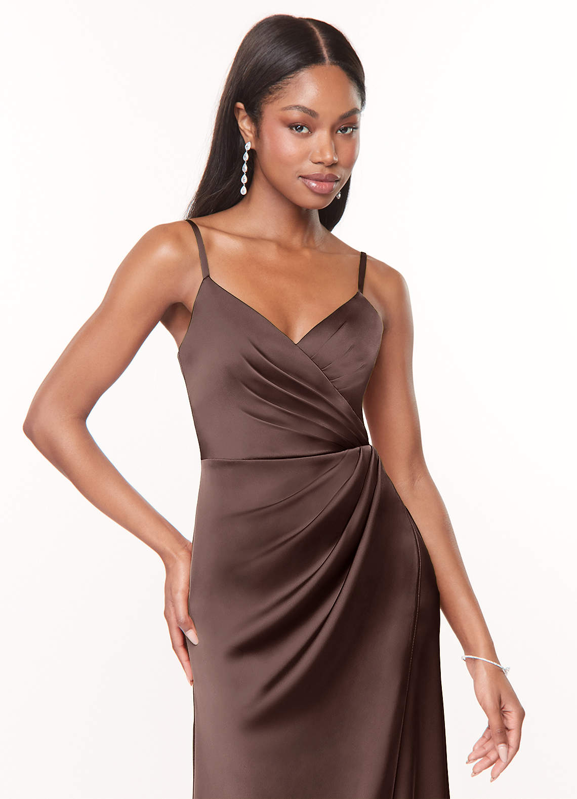 Azazie Maci Bridesmaid Dresses Ganache A-Line V-Neck Pleated Stretch Satin Dress image4