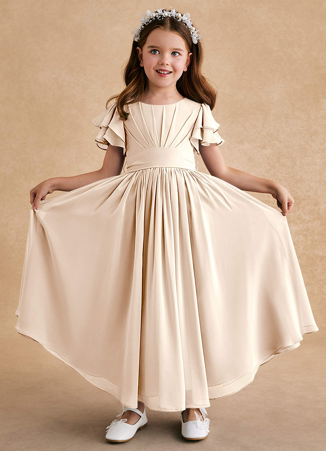 Azazie Ali vestidos de niña de las flores Vestido de Alabastro Blanco de Gasa de Corte En A con Plisado image1