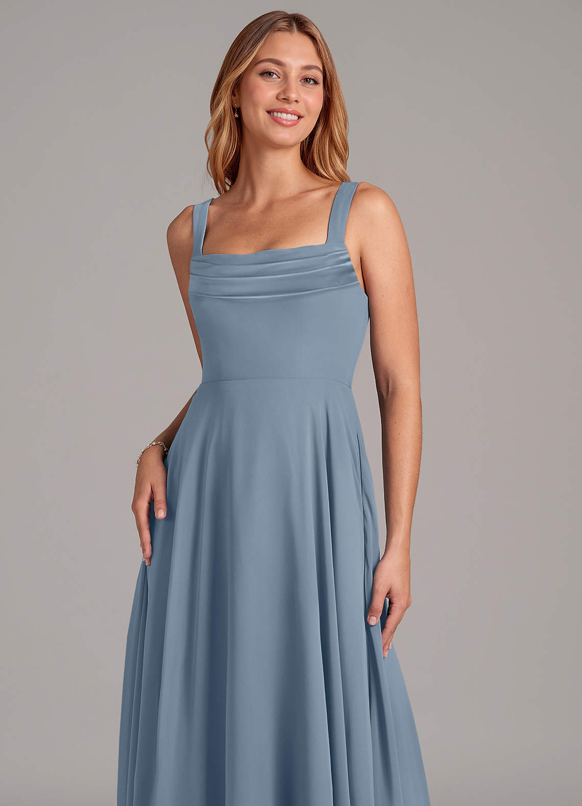 Azazie Shaude Bridesmaid Dresses Dusty Blue A-Line Pleated Chiffon Dress image4