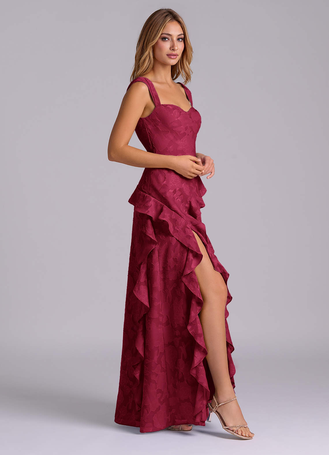 Azazie Sloane Bridesmaid Dresses Burgundy A-Line Sweetheart Neckline Floral Burnout Dress image4