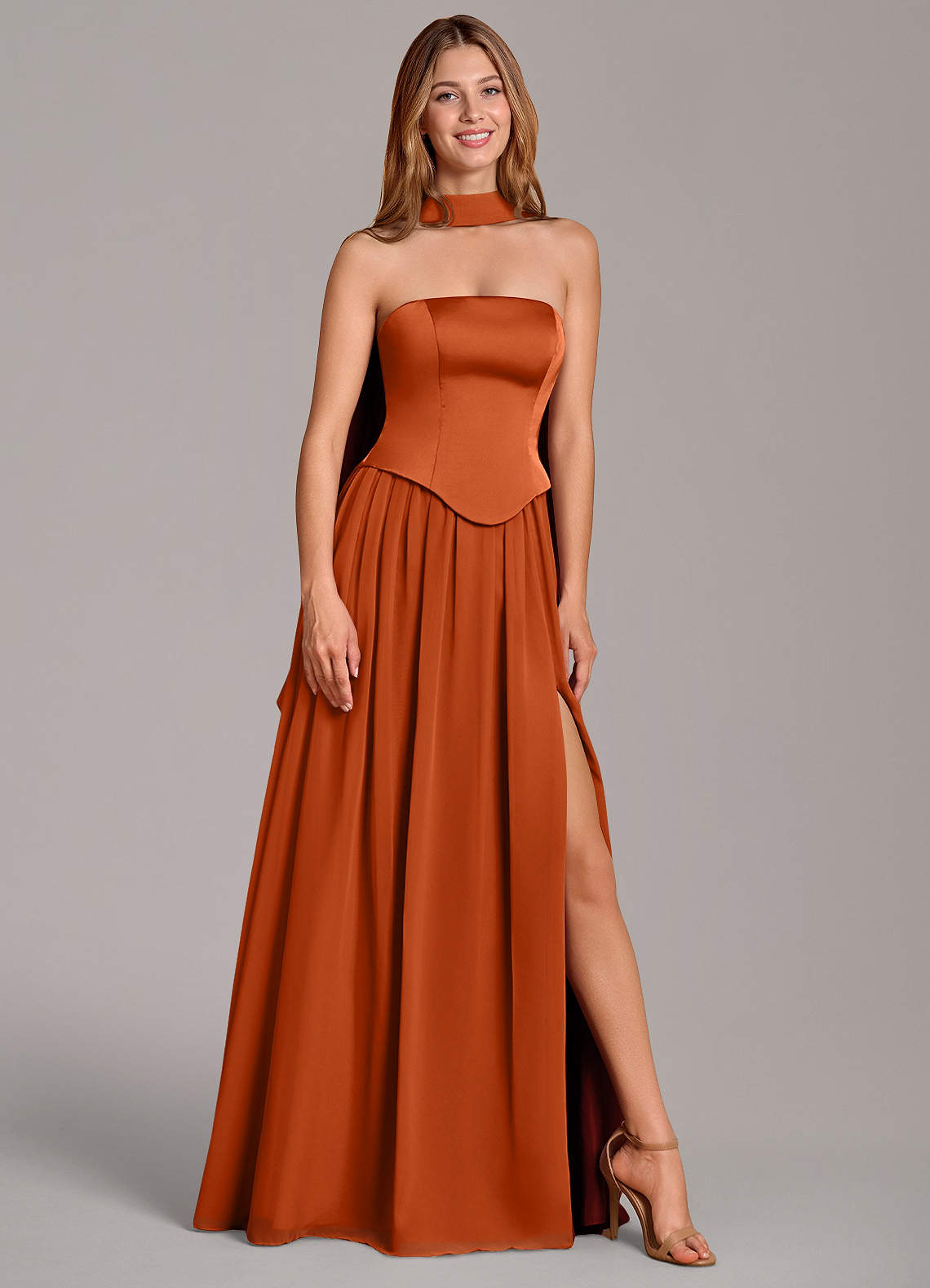 Azazie Cadence Vestidos de damas de honor Vestido de Naranja Quemada de Satén Elástico de Corte en A Convertible con Corsé image1