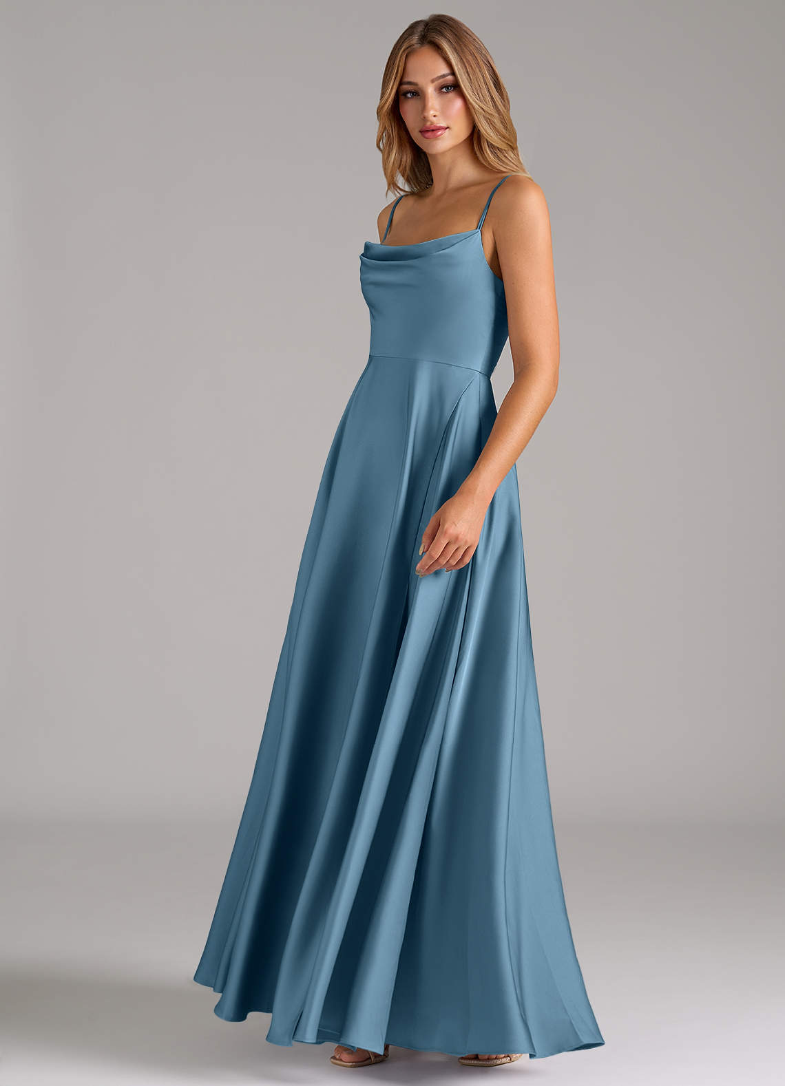azazie steel blue satin dress Azazie Elle