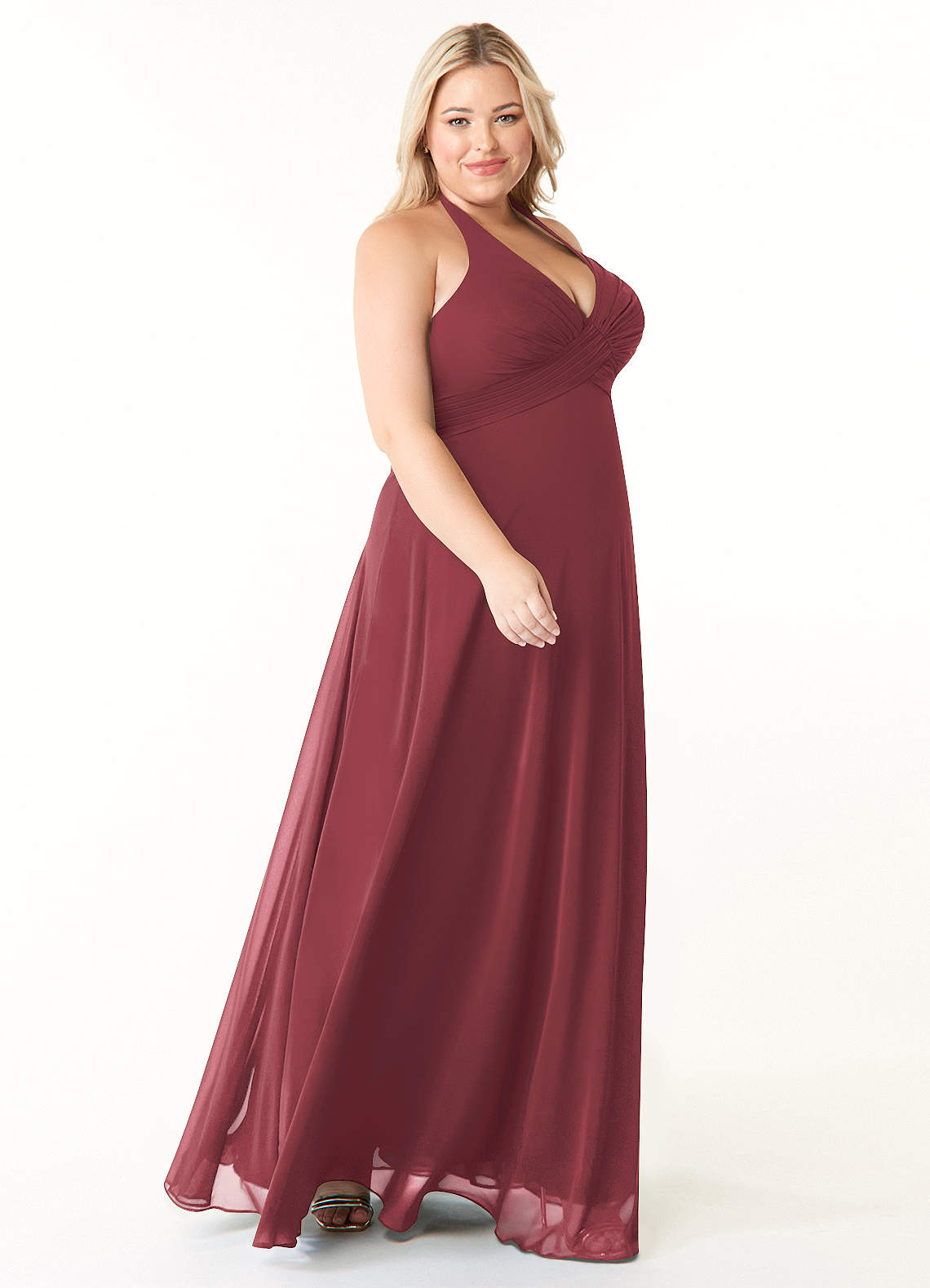 Azazie Tessie Vestidos de damas de honor Vestido de Merlot de Gasa de Corte en A con Cuello en V plisado image7