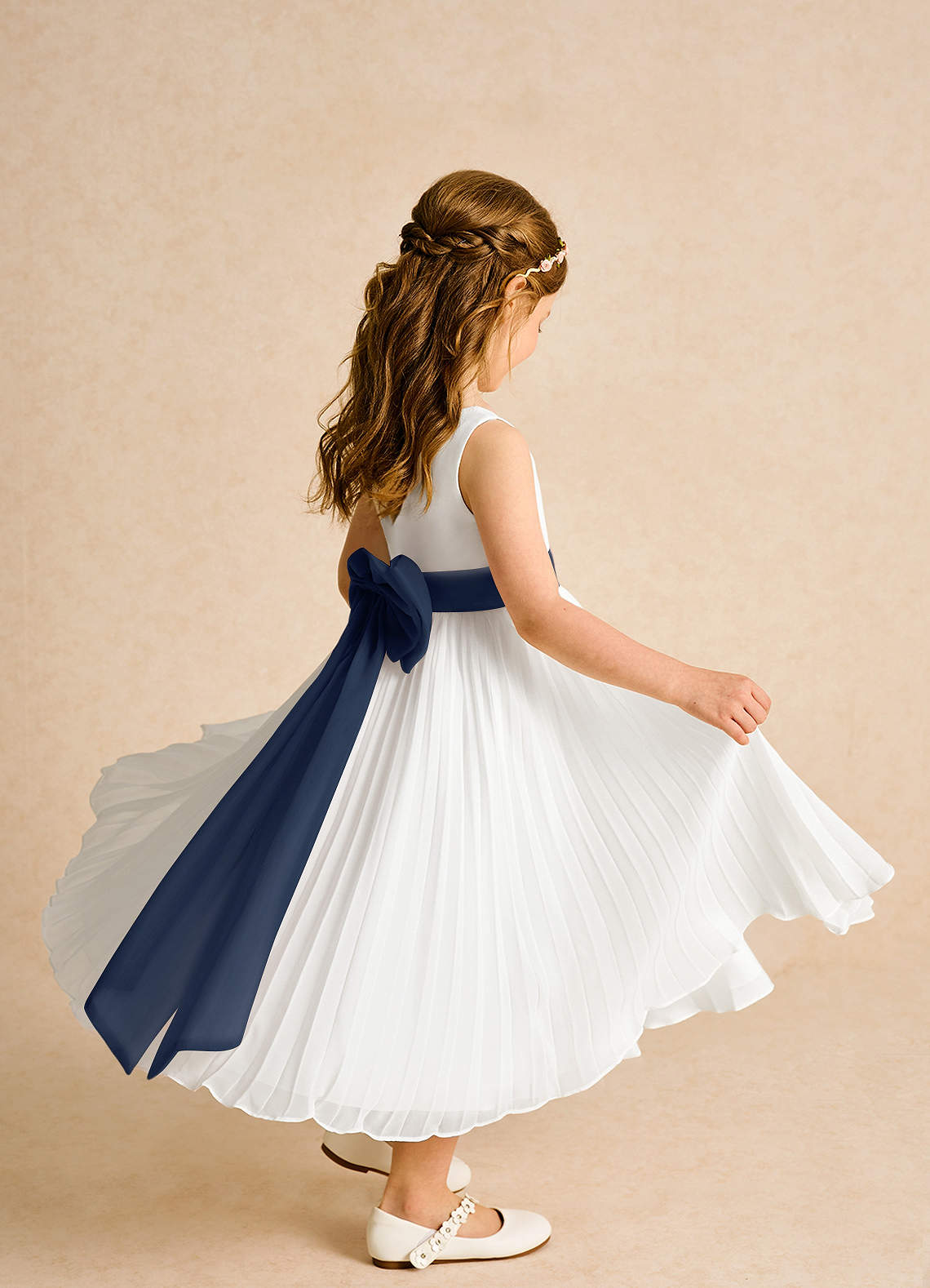 Azazie Margot Flower Girl Dresses Ivory Dark Navy A-Line Pleated Chiffon Dress image6
