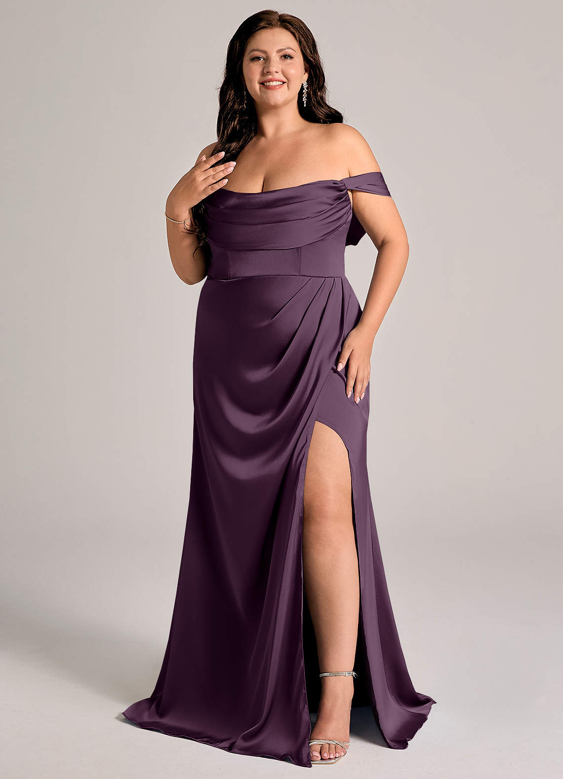 Azazie Johana Bridesmaid Dresses Plum Mermaid Off the Shoulder Stretch Satin Convertible Dress image1