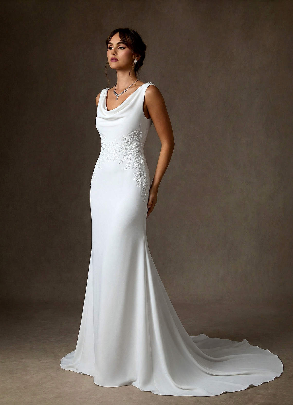 satin back crepe bridesmaid dresses Azazie Maxine Diamond White Sheath Dress Sample Dress Crepe fabric