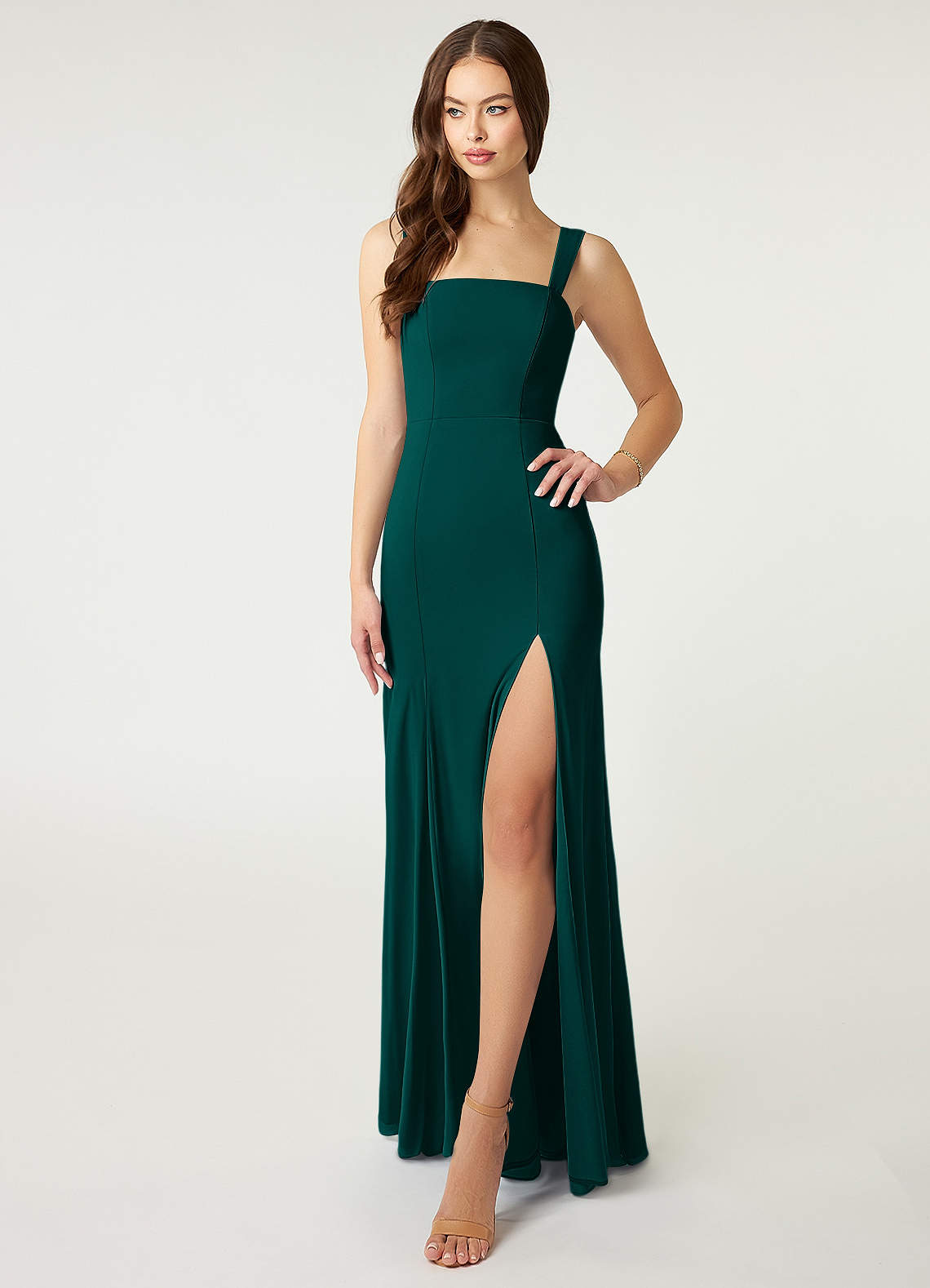 Azazie Alara Bridesmaid Dresses Pine Sheath Side Slit Stretch Chiffon Dress image1