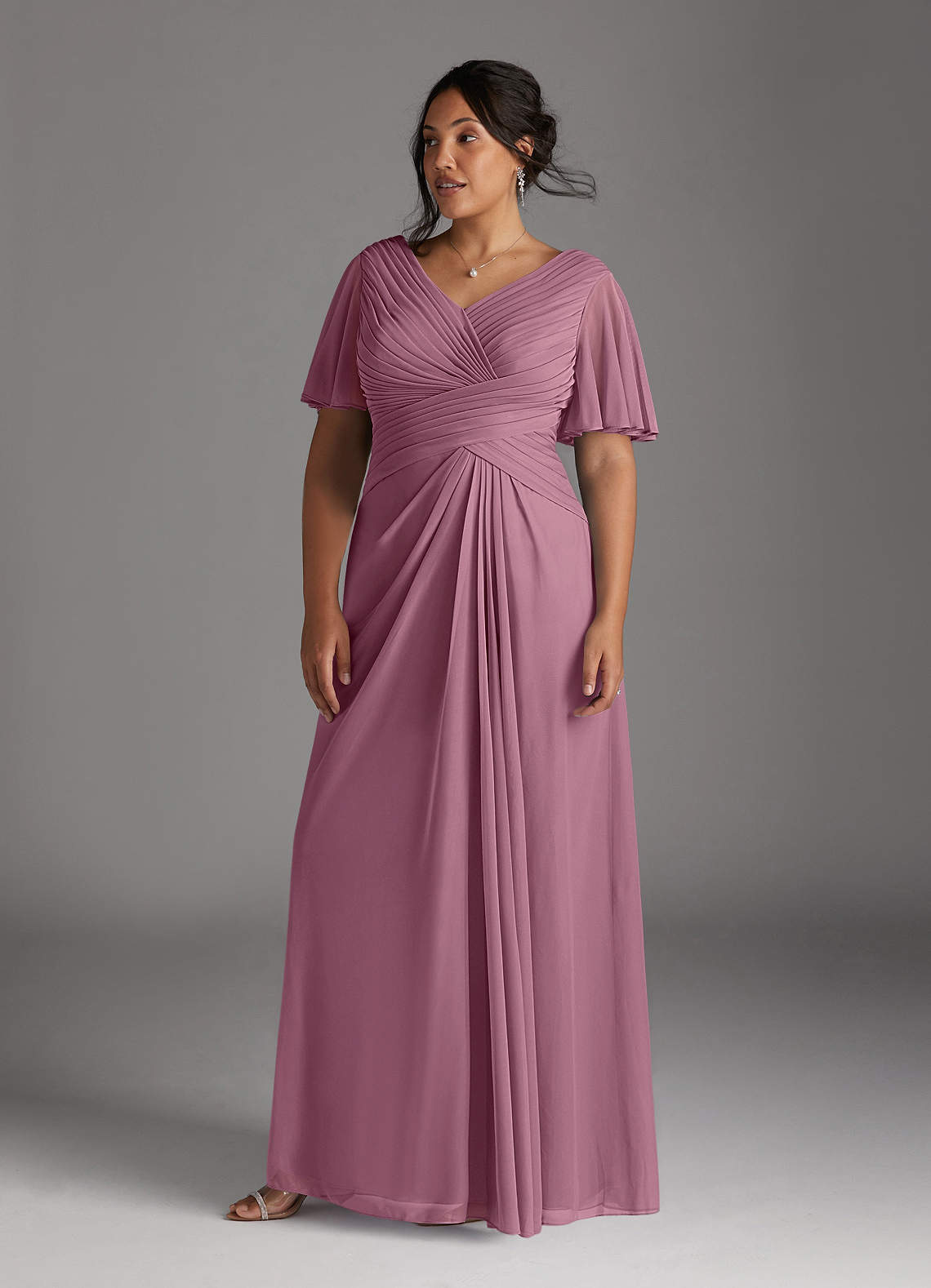 Azazie Emmeline Mother of the Bride Dresses Vintage Mauve A-Line V-Neck Pleated Mesh Dress image1