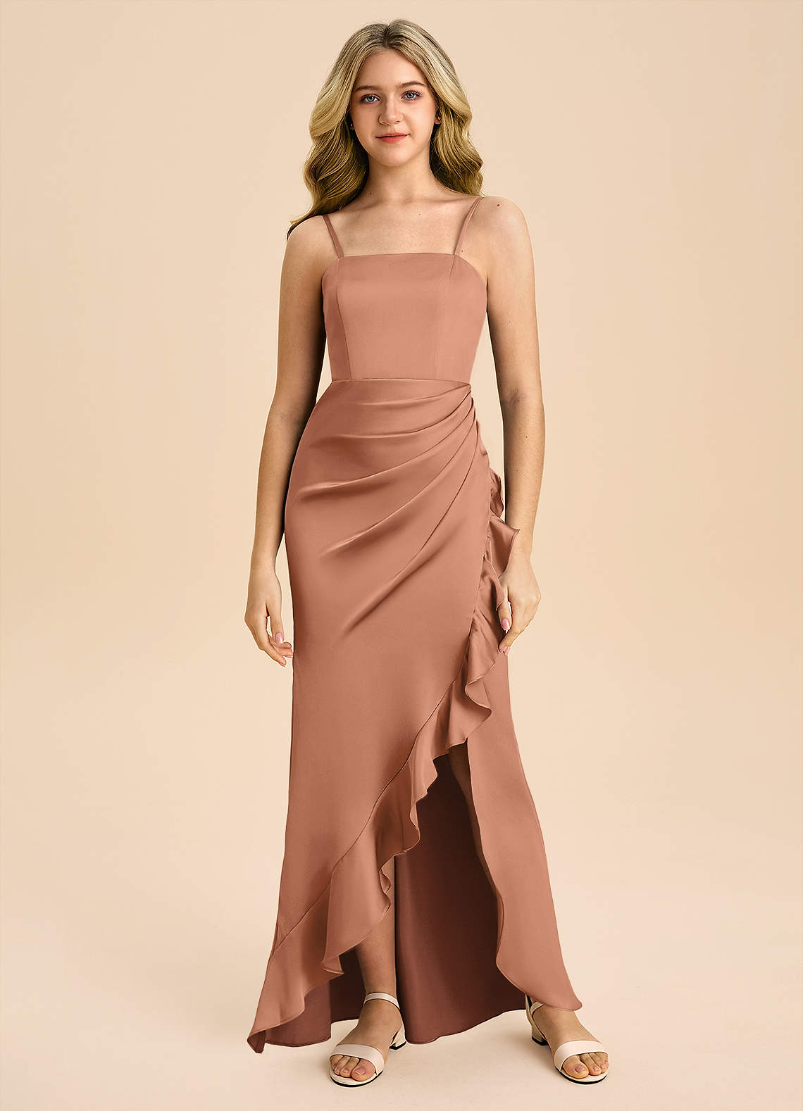 Azazie Buzzy Junior Osłona Pofałdowany Satyna elastyczna Długość podłogi Młodsza druhna Sukienka image2