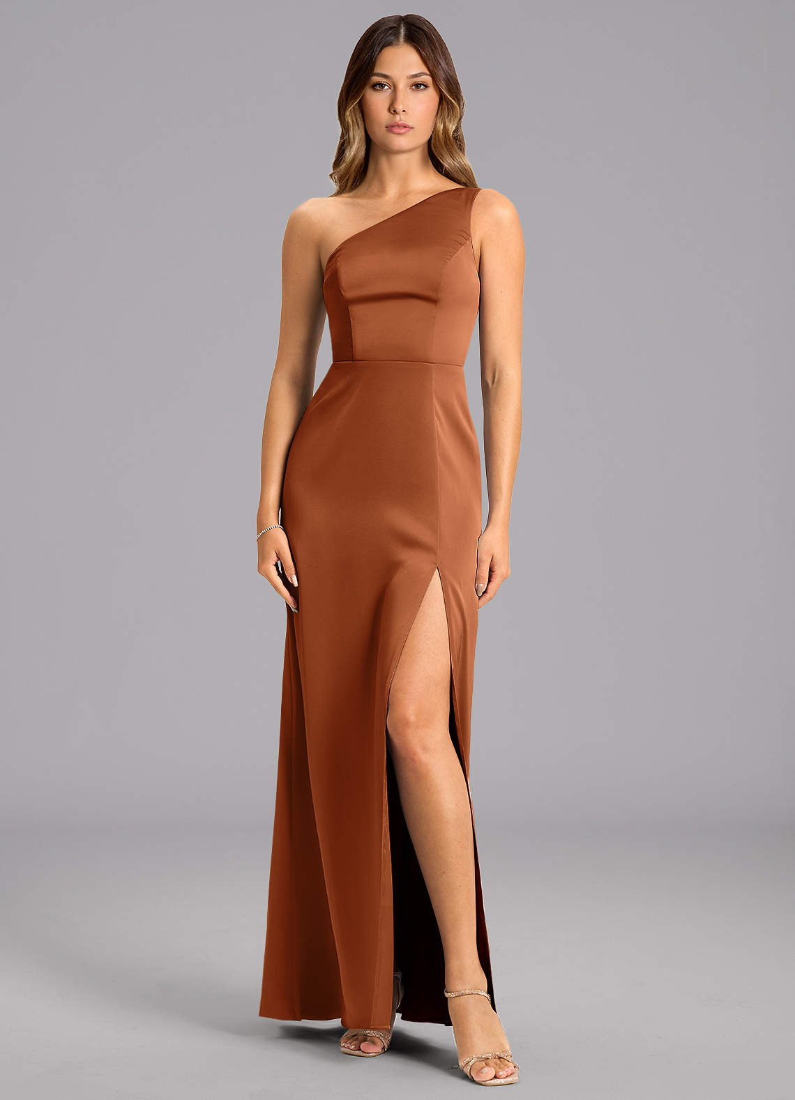 Azazie Phaedra Bridesmaid Dresses Copper A-Line One Shoulder Stretch Satin Dress image1