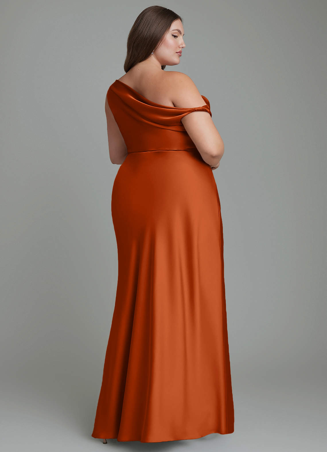 Azazie Emerson Bridesmaid Dresses Burnt Orange Mermaid Off the Shoulder Stretch Satin Dress image8