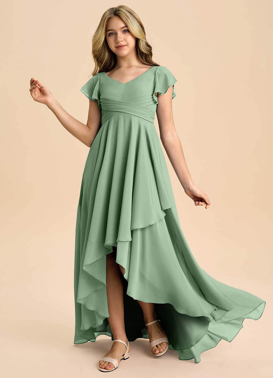 blue dress for baby girl A-Line/Princess Scoop Short Sleeves Knee-Length Pleated Junior Bridesmaid  Dresses with Bow Sash main image 1