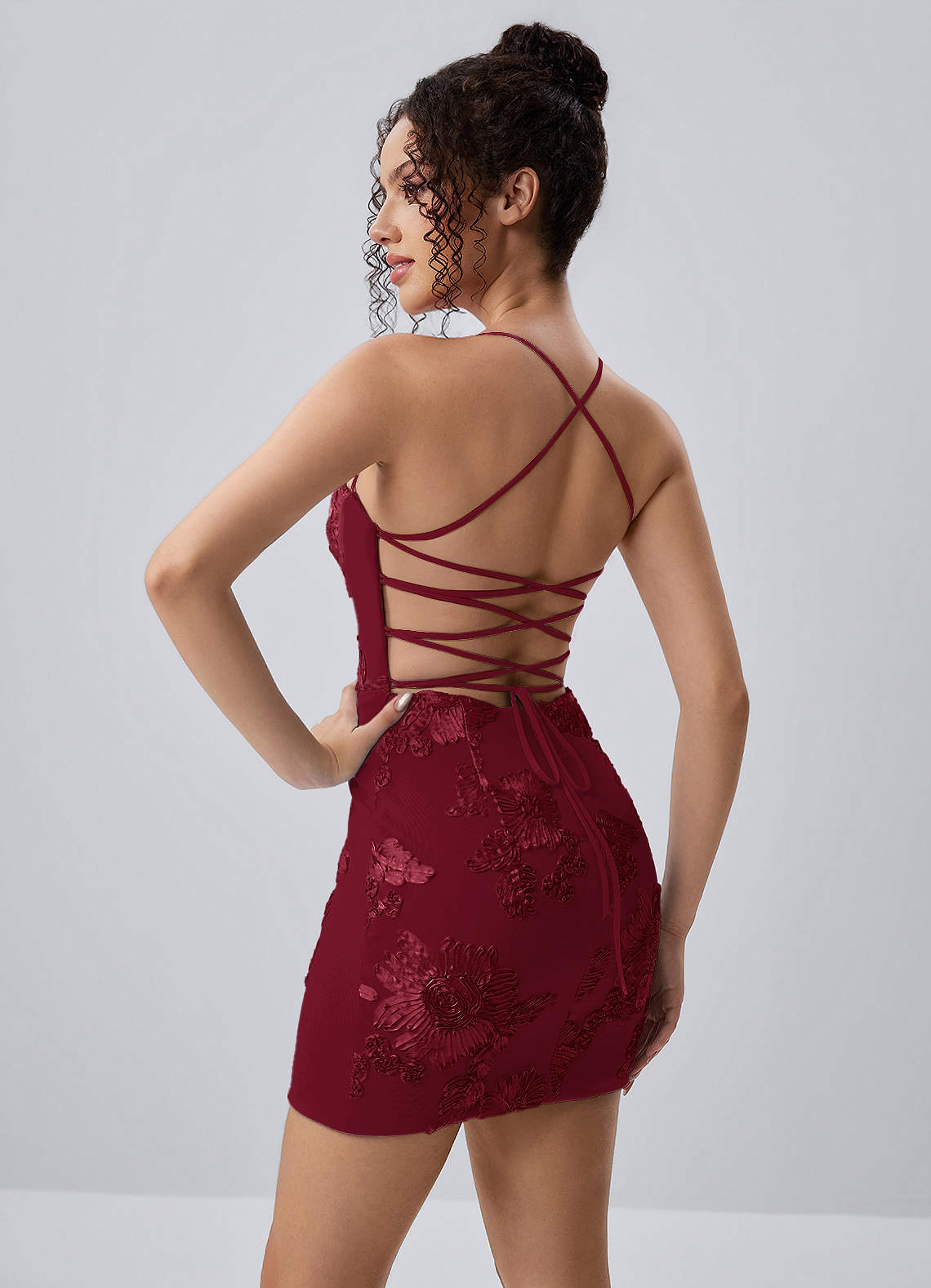 backless crisscross lace up mesh layered mini party dress Marigoldessa Burgundy Stretch Open Back Corset special occasions Appliques Milani | RED Backless Women's size:18W