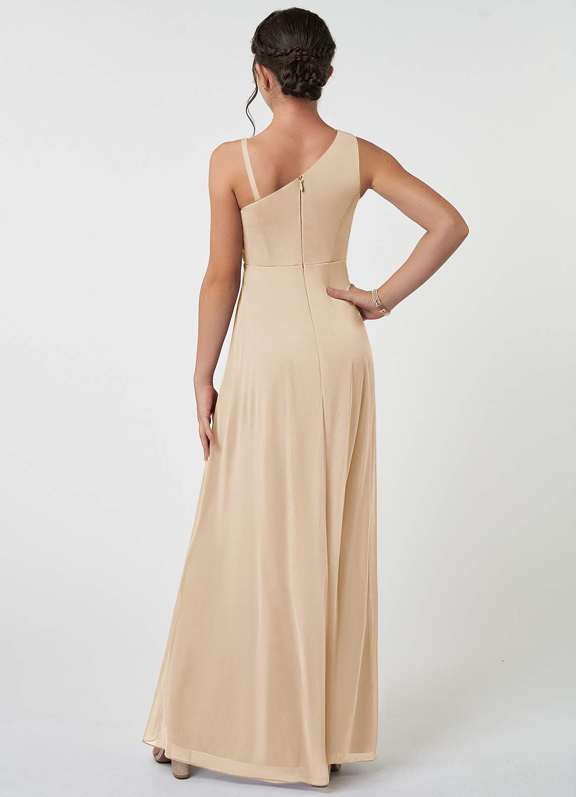 Azazie Brooke Junior Champagne A-Line Pleated Mesh Dress image1