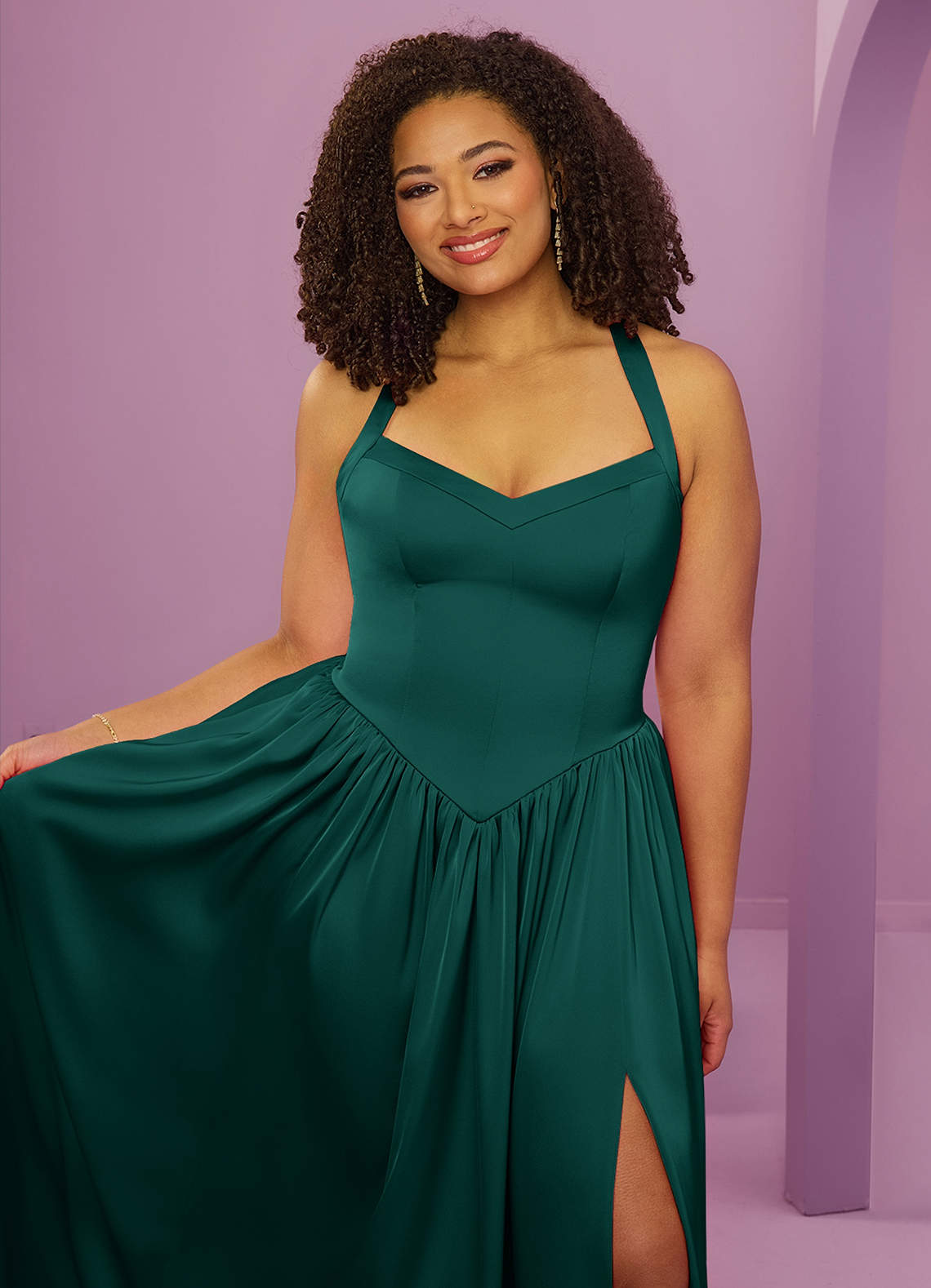 Barbie ♥ Azazie Vente Finale Robe Trapèze en Satin extensible avec poches émeraude image12