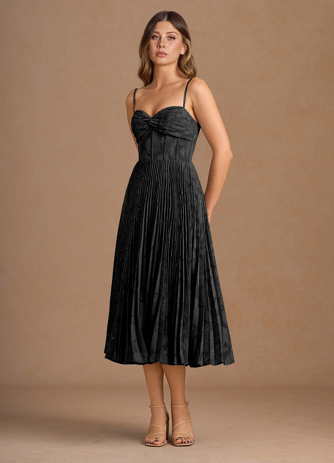 strapless open back dress BLACK PLEATED MIDI DRESS