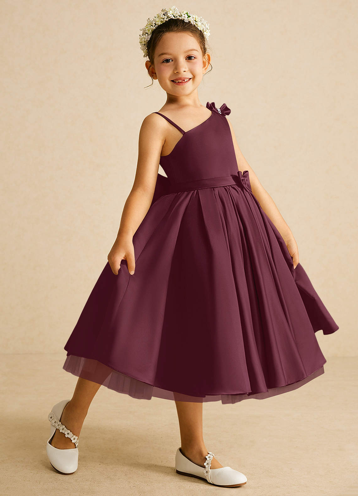 Azazie Lollipop Flower Girl Dresses Cabernet A-Line One Shoulder Matte Satin Dress image1