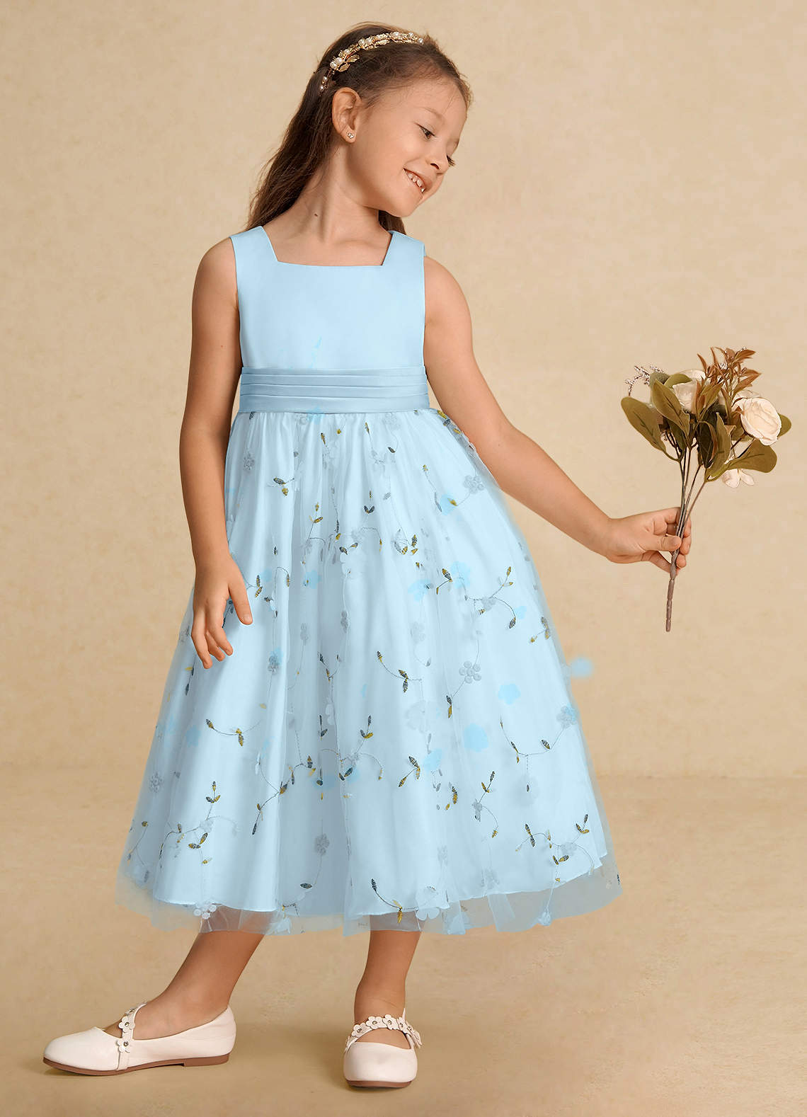 Azazie Pollie Flower Girl Dresses Sky Blue A-Line Bow Tulle Dress image4