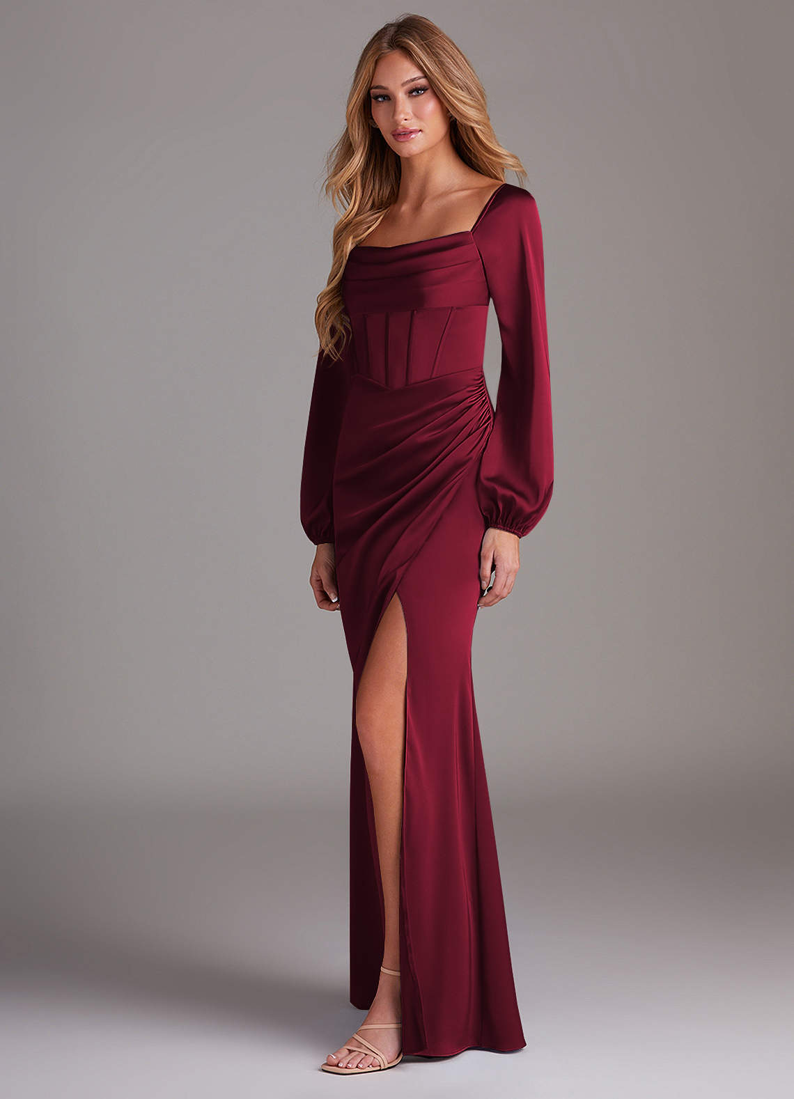 Azazie Charissa Bridesmaid Dresses Burgundy Sheath Long Sleeve Stretch Satin Dress image4