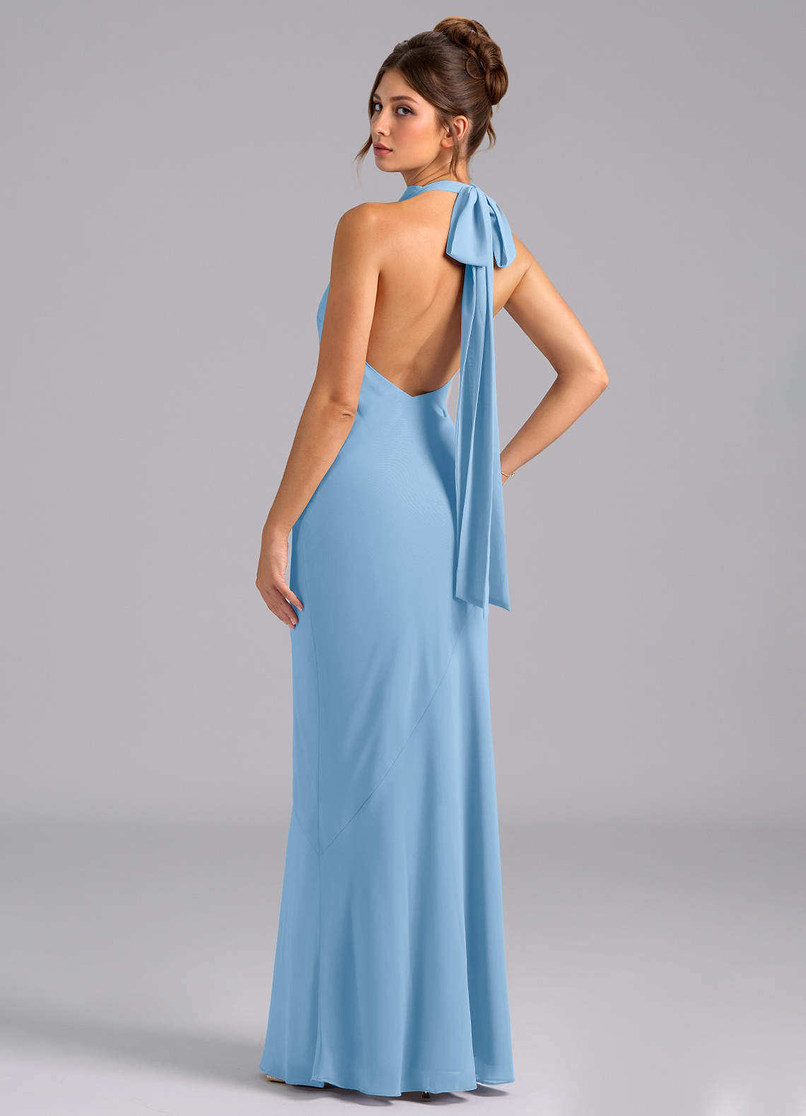 Azazie Velli Bridesmaid Dresses Powder Blue Mermaid High Neck Chiffon Dress image6