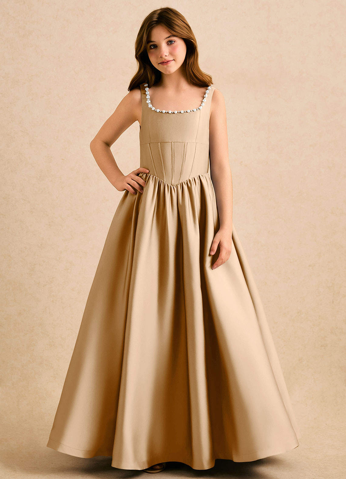 Azazie Enid Girls Formal Gold A-Line Beaded Stretch Satin Dress