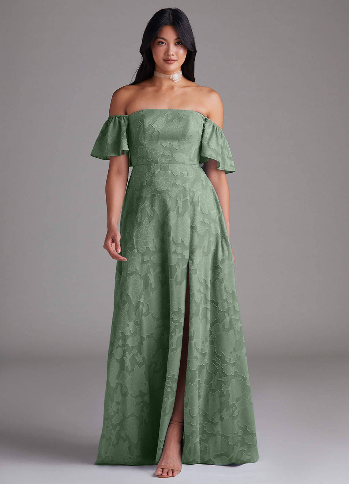 Azazie Sue Robes de demoiselle d'honneur Robe Trapèze Convertible en Blumen-Burnout Épaule décolletée Matcha image1