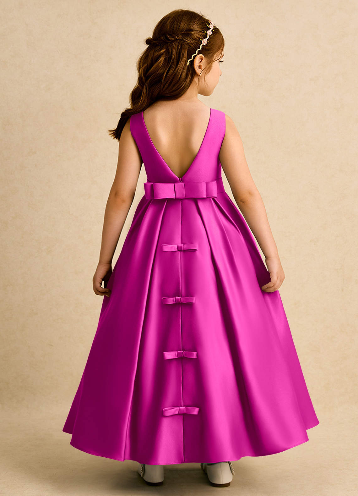 Azazie Mapel vestidos de niña de las flores Vestido de Fucsia de Satin Mate de Princesa con Plisado image1