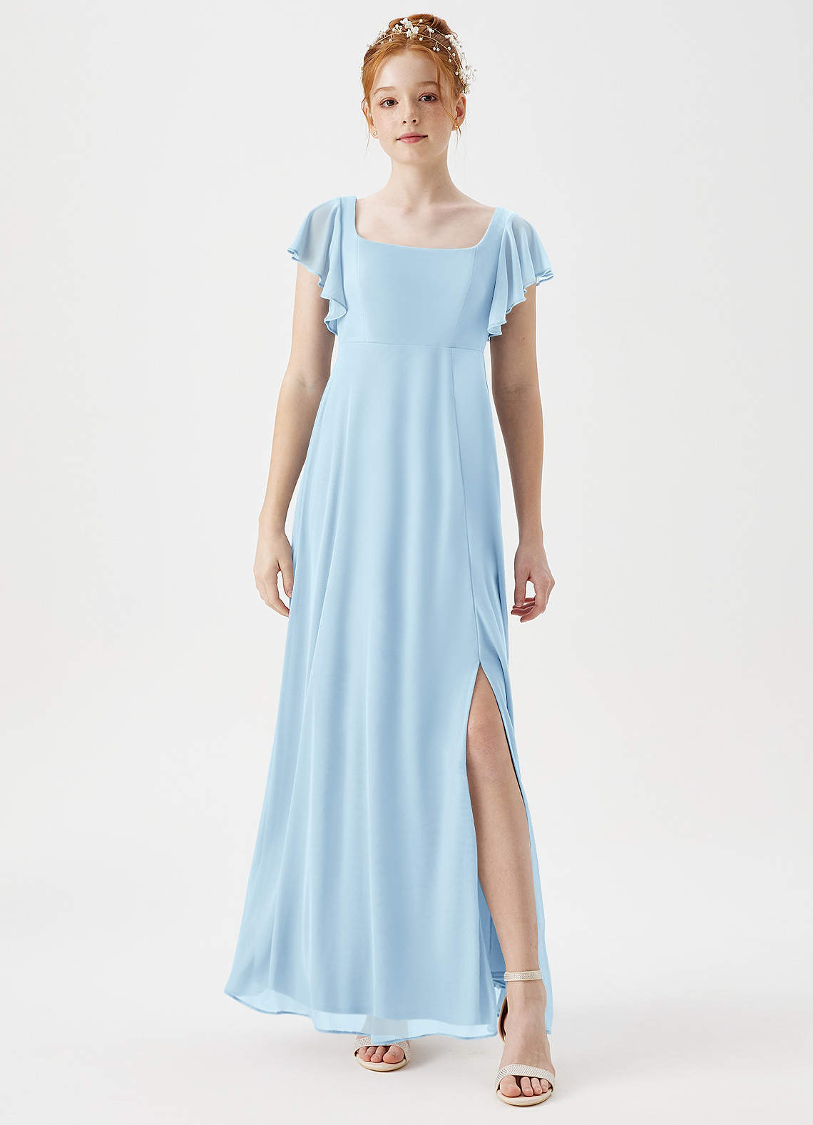 Azazie Bondi Junior Sky Blue A-Line Side Slit Mesh Dress image1