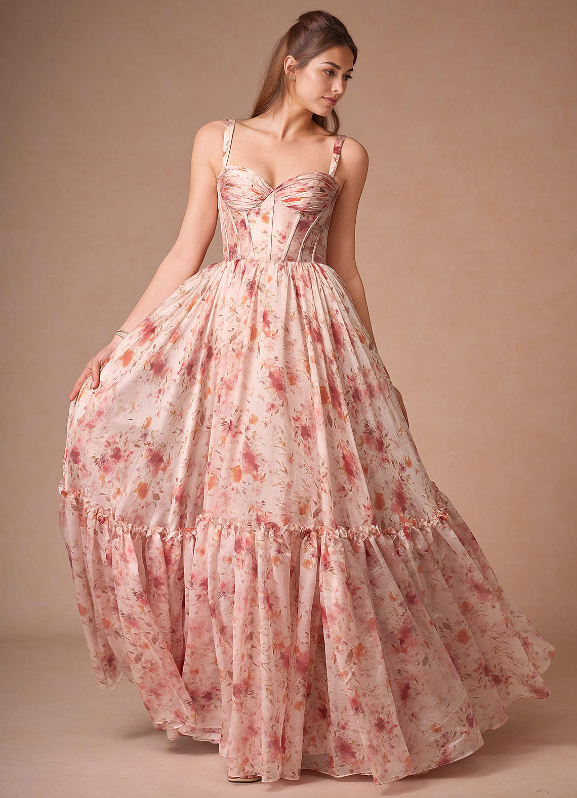 Halame Apricot Multi Sleeveless Floral A-Line Gown | Azazie