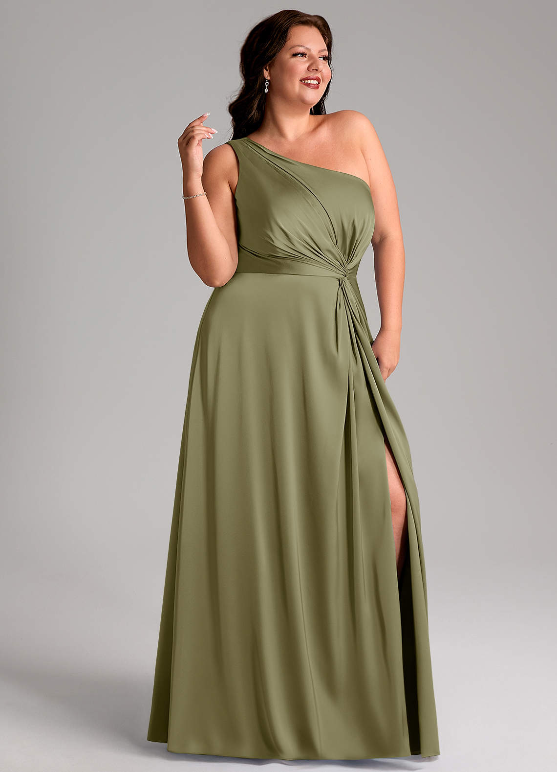 Azazie Brooke Bridesmaid Dresses Pistachio A-Line One Shoulder Stretch Satin Dress image10
