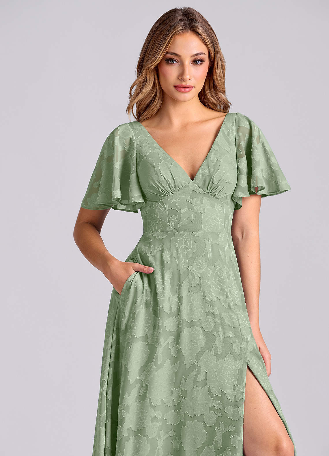 Azazie Kimber Bridesmaid Dresses Dusty Sage A-Line with Pockets Floral Burnout Dress image8