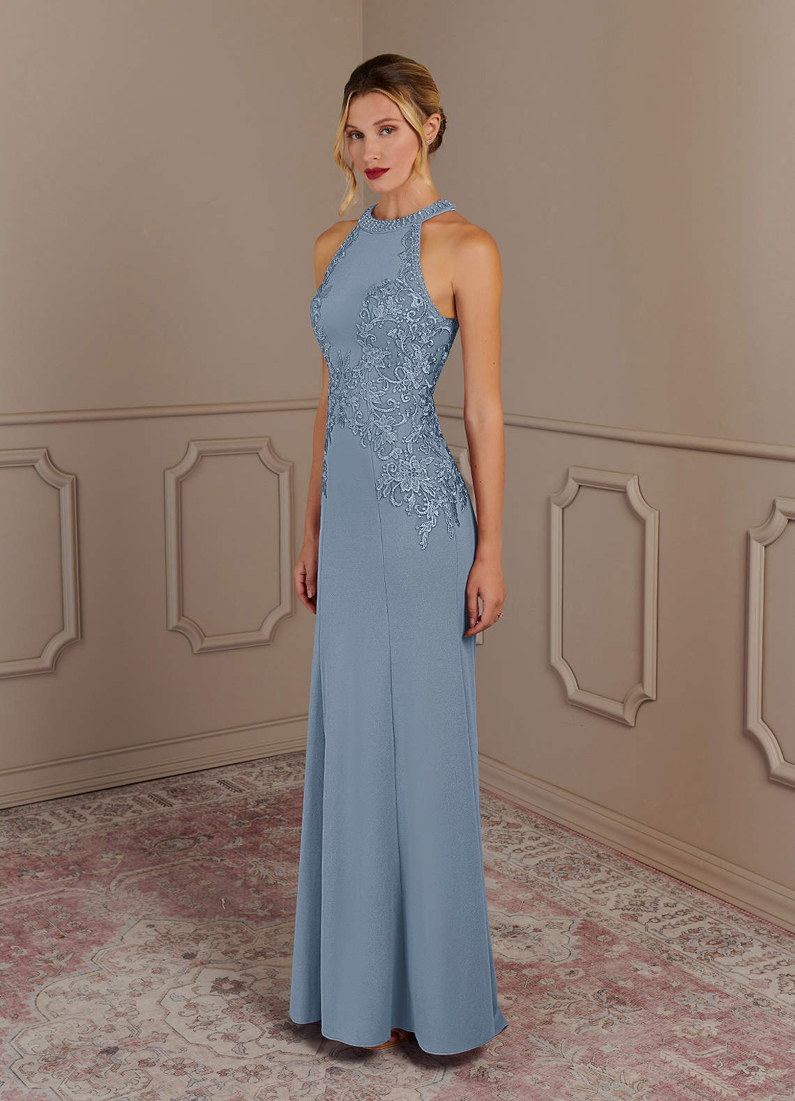 Azazie Tyra Mother of the Bride Dresses Dusty Blue Mermaid Halter Lace Stretch Crepe Dress image1