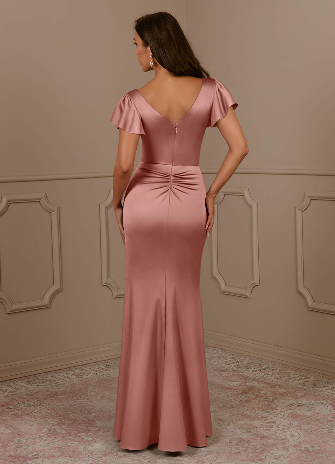 Azazie Roya Mother of the Bride Dresses Rosette Mermaid V-Neck Pleated Stretch Satin Dress image3
