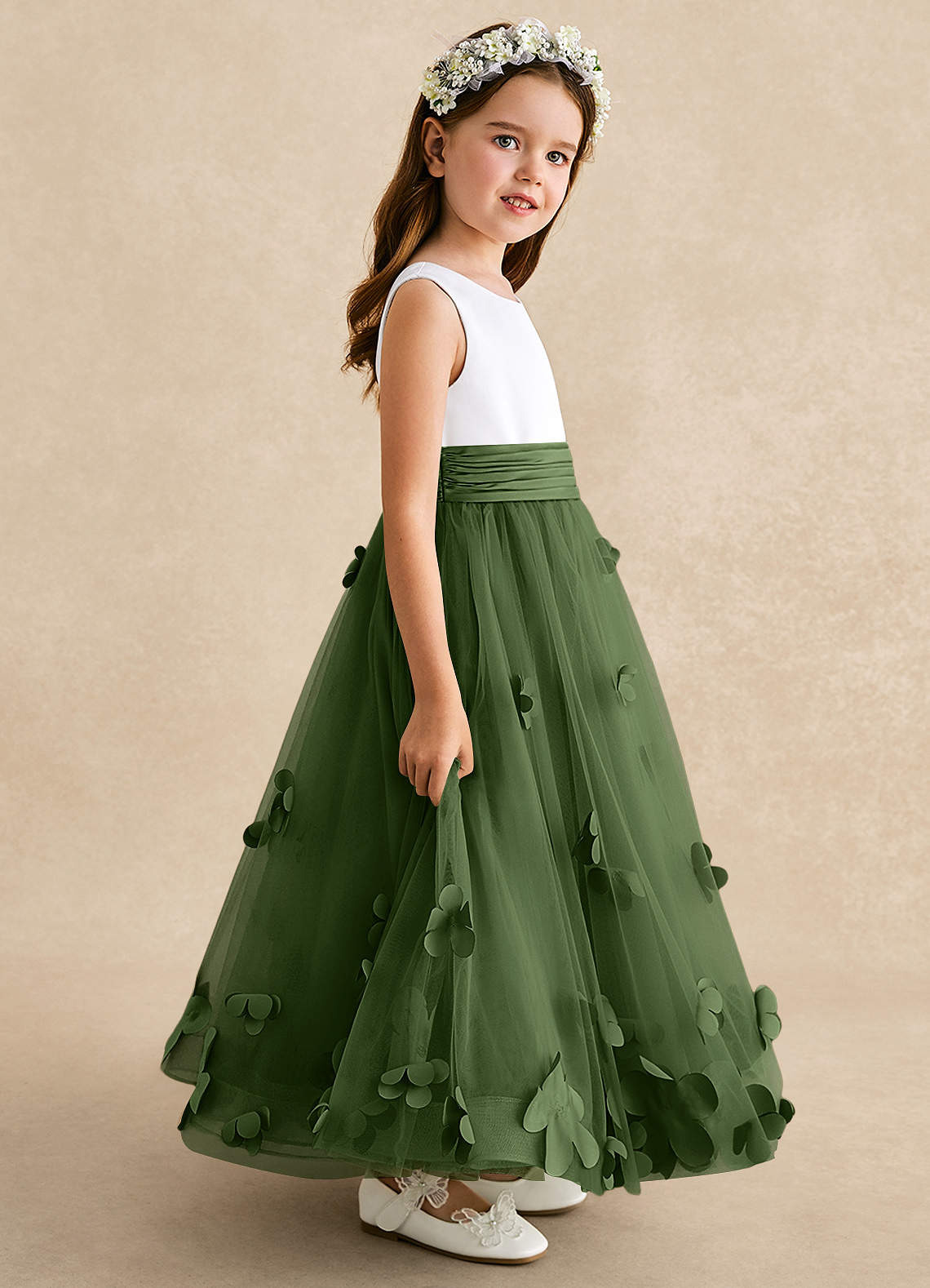 Azazie Vi Flower Girl Dresses Olive A-Line Sleeveless Tulle Dress image6