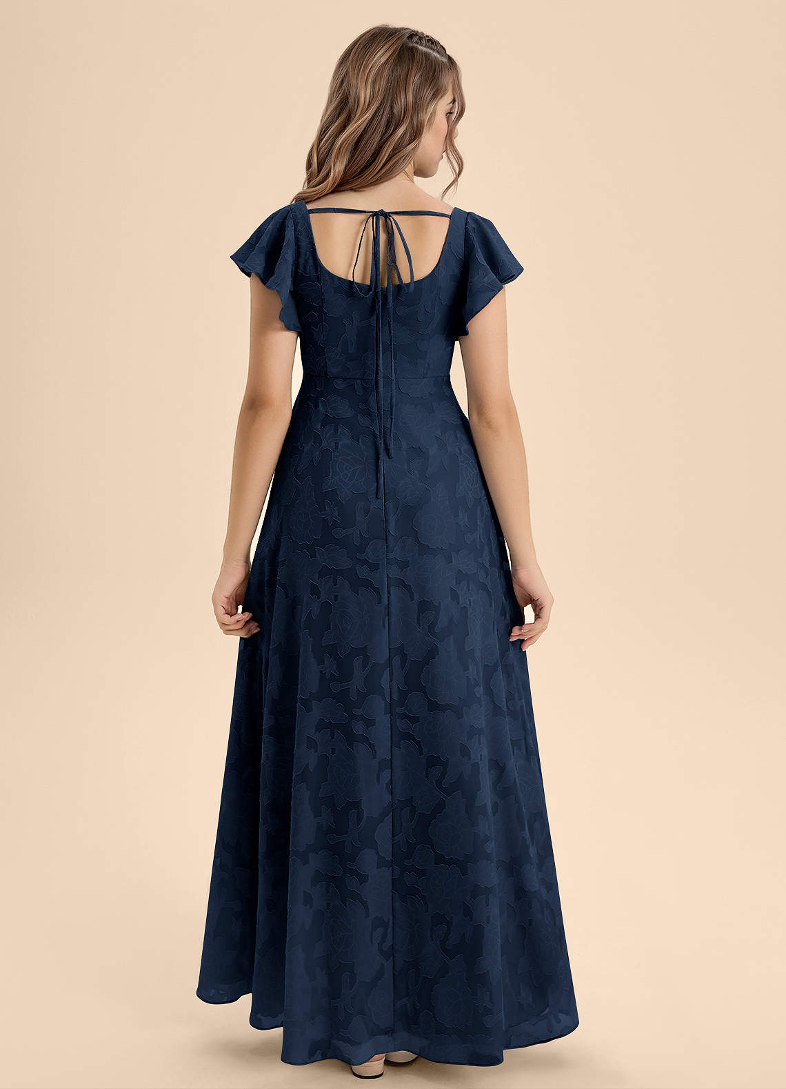 Azazie Bondi Junior Vestido de Azul Marino Oscuro de Devorado Floral de Corte En A con Lazo image1