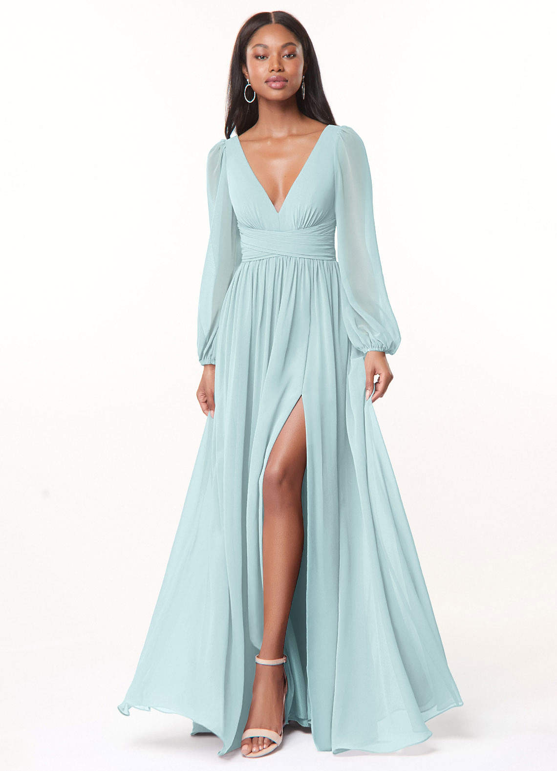 Azazie Norah Bridesmaid Dresses Mist A-Line V-Neck Long Sleeve Chiffon Dress image1
