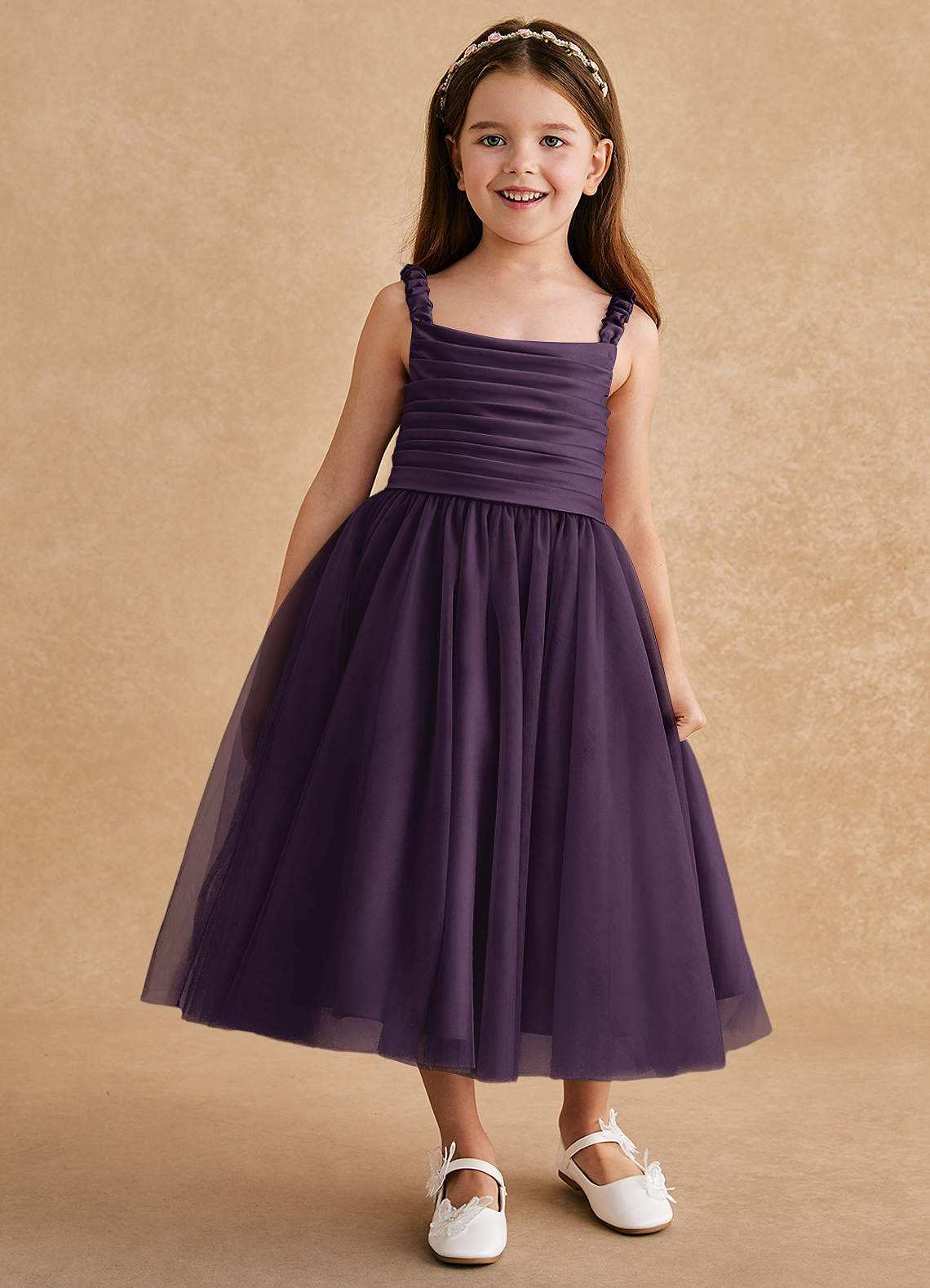Azazie Gabbie Flower Girl Dresses Plum A-Line Pleated Matte Satin Dress image1