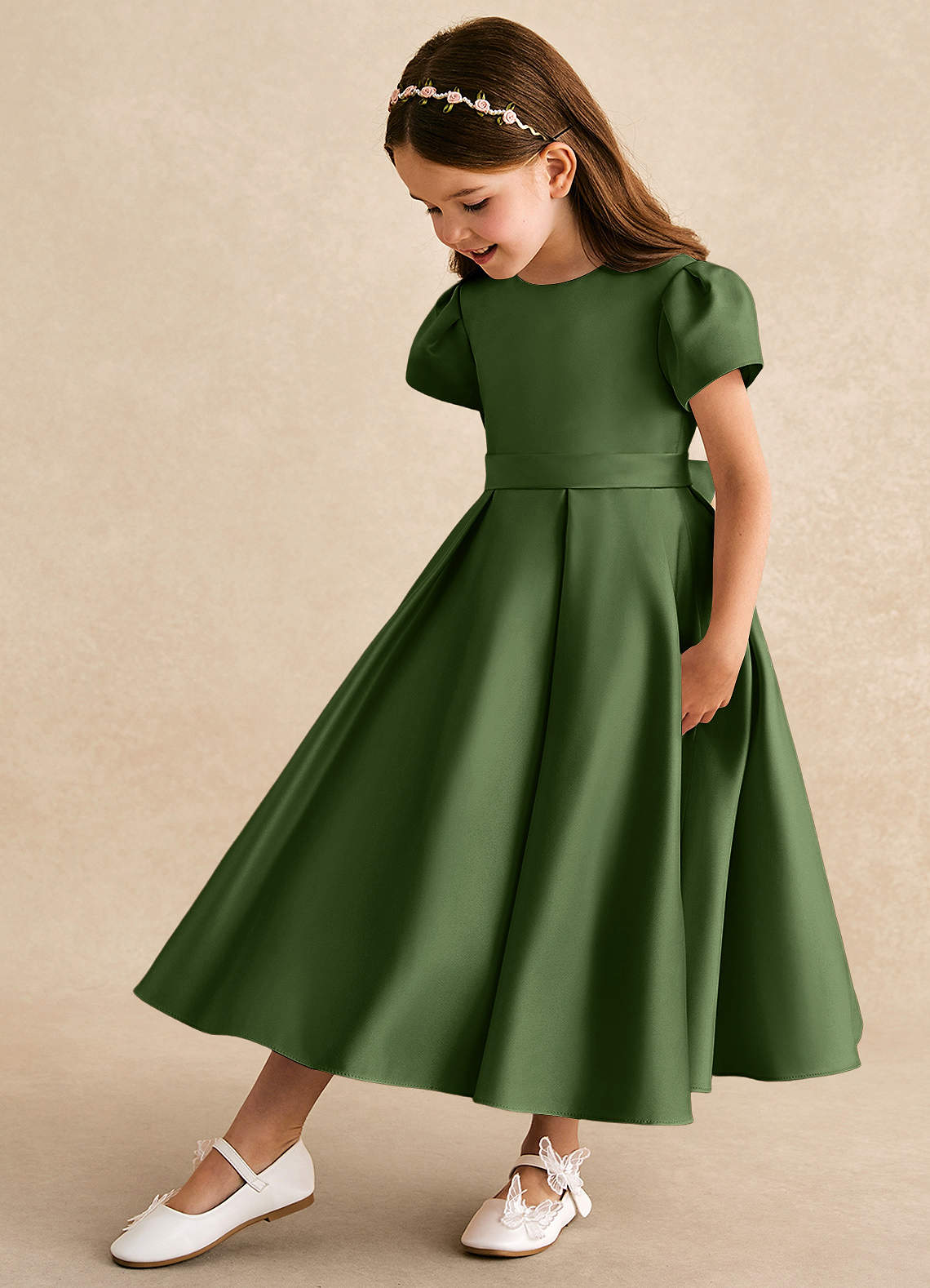 Tea Length Olive Green A Line Dress Impeccable A-line V-Neck Short Sleeves  Appliques Lace