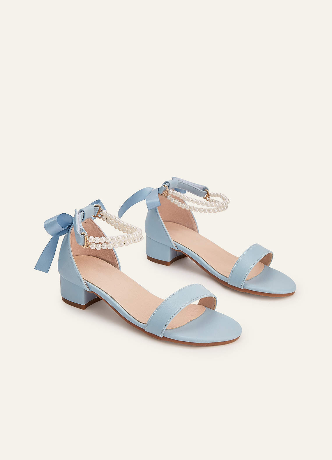 front Pearl and Bow Open Toe Girl's Block Heels for Toddler Little Big Kid