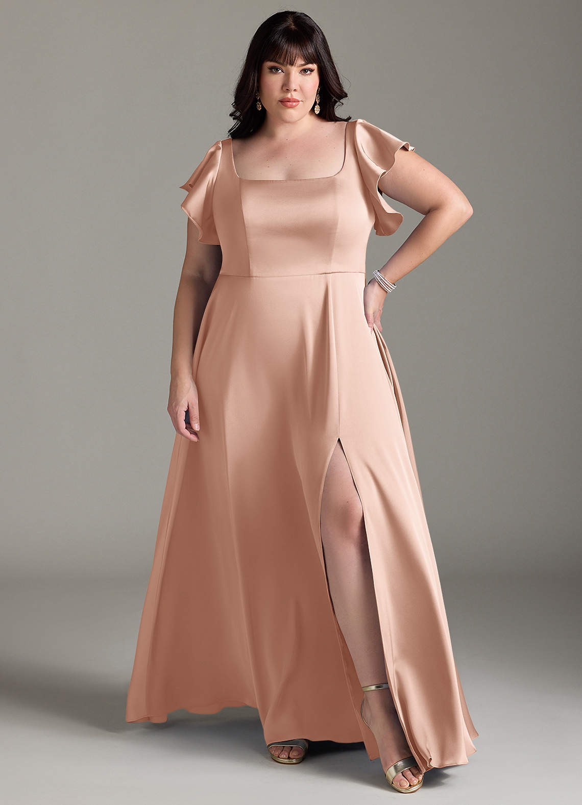 Azazie Bondi Robes de demoiselle d'honneur Robe Trapèze en Satin extensible Arc Or Rose image1