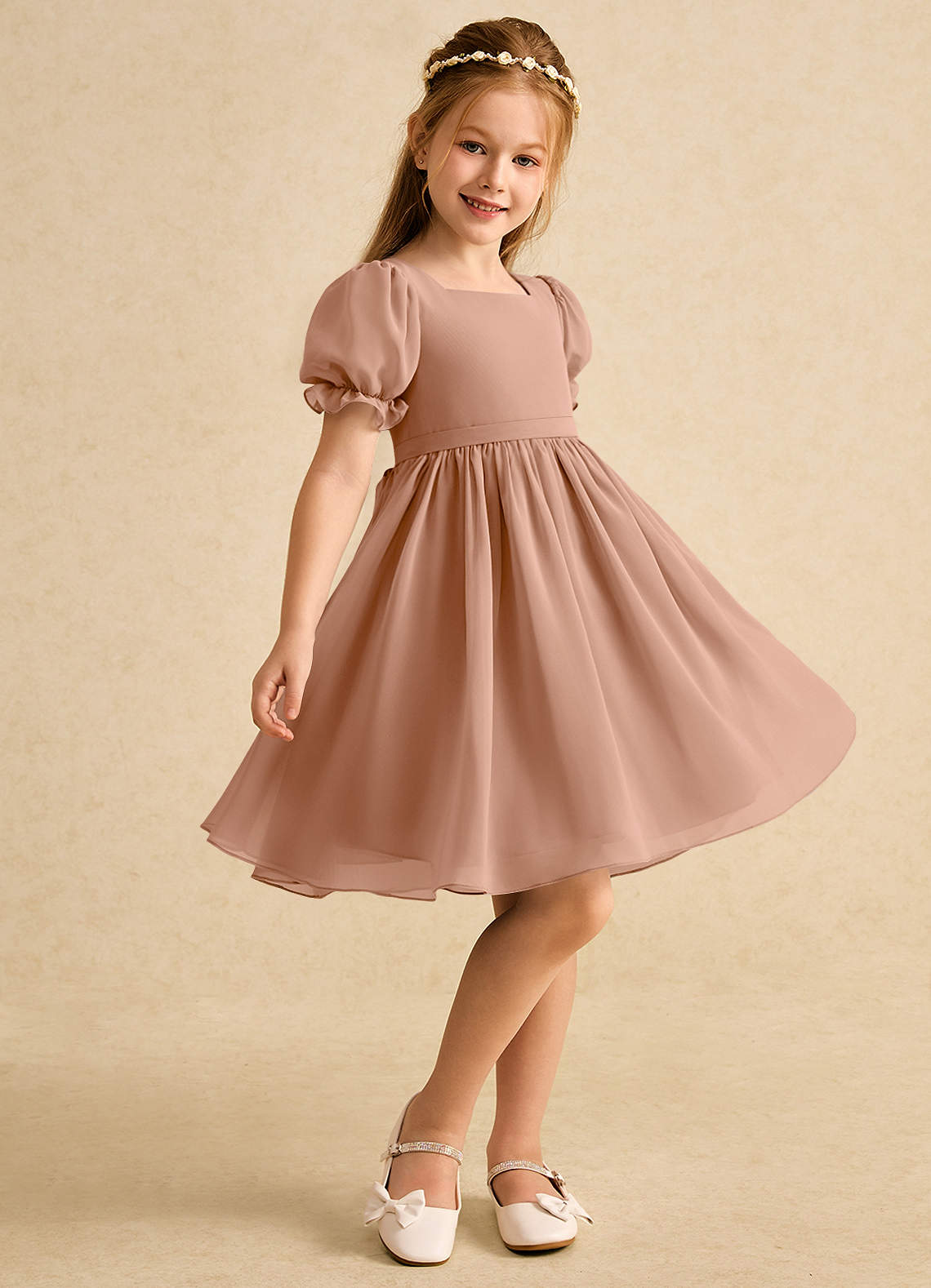 Azazie Jolie Flower Girl Dresses Champagne Rose A-Line with Sleeves Chiffon Dress image1