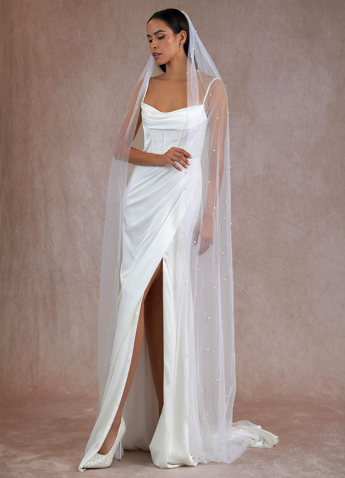 front Reyna Pearl Chapel Length Veil