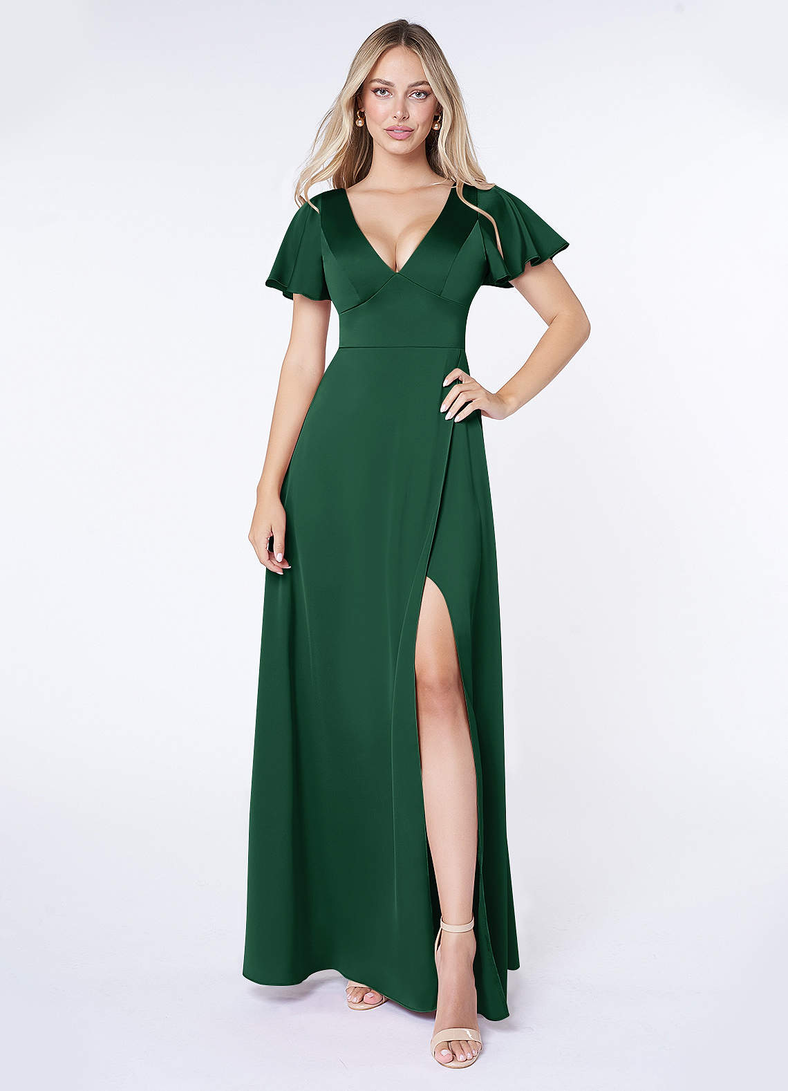 Azazie Lani Vestidos de damas de honor Vestido de Verde Oscuro de Satén Elástico de Corte en A con Manga volante image1