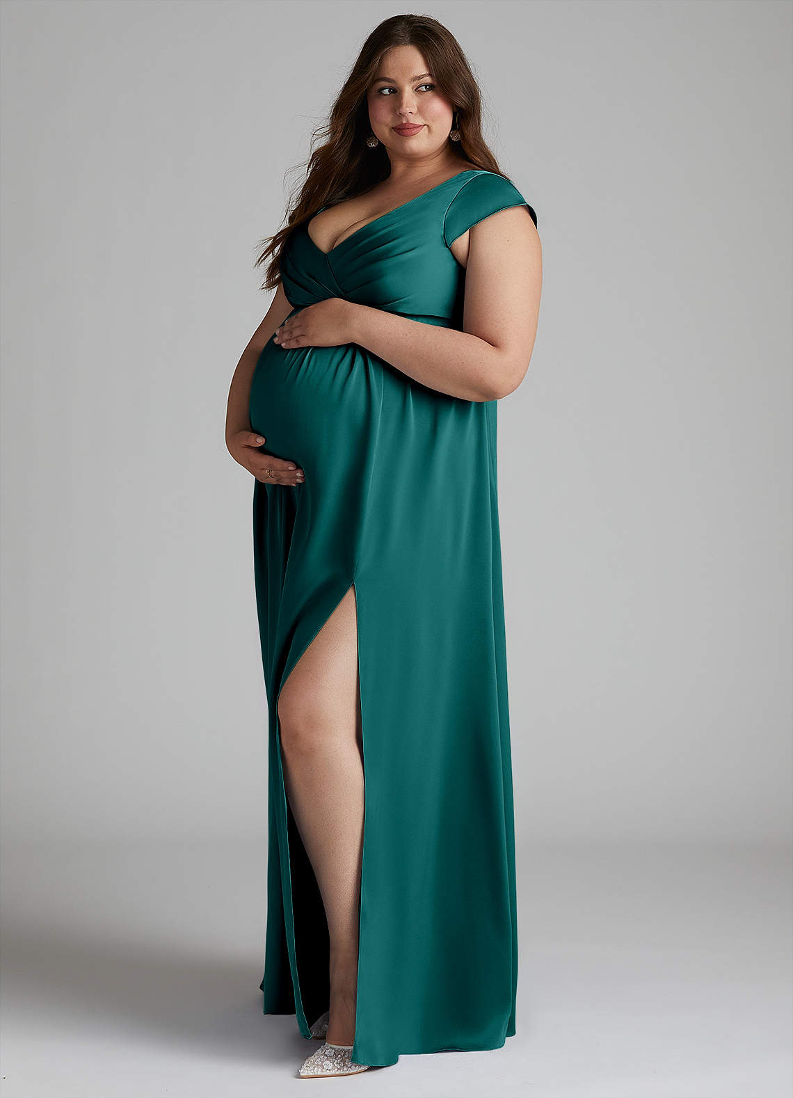 Azazie Allessia Probar vestidos en casa Vestido de Corte en A Plisado Hasta el suelo Satén Elástico image7